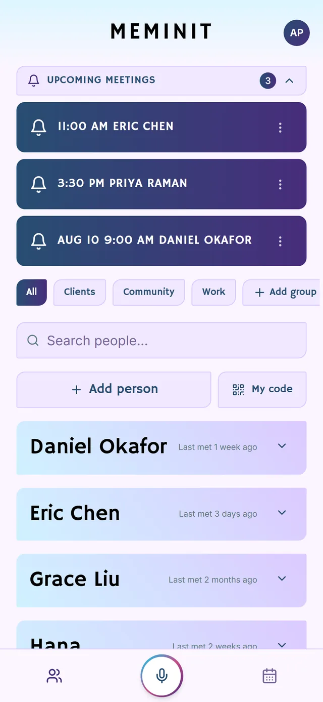 The Meminit home screen showing three upcoming meetings, group filters and a list of saved people.